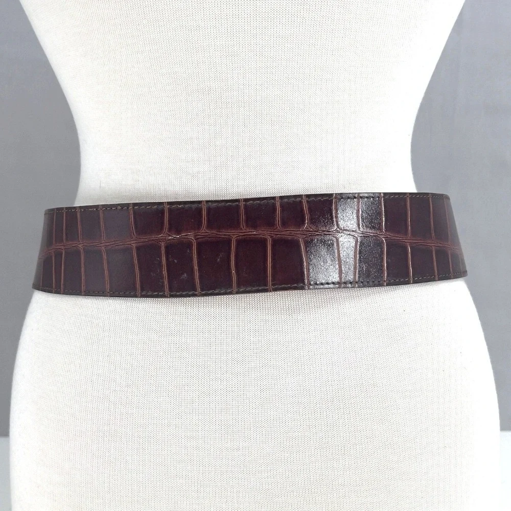 Vintage Cipriani Womens Wide Belt‎ Brown Alligator Embossed Italian Leather S/M